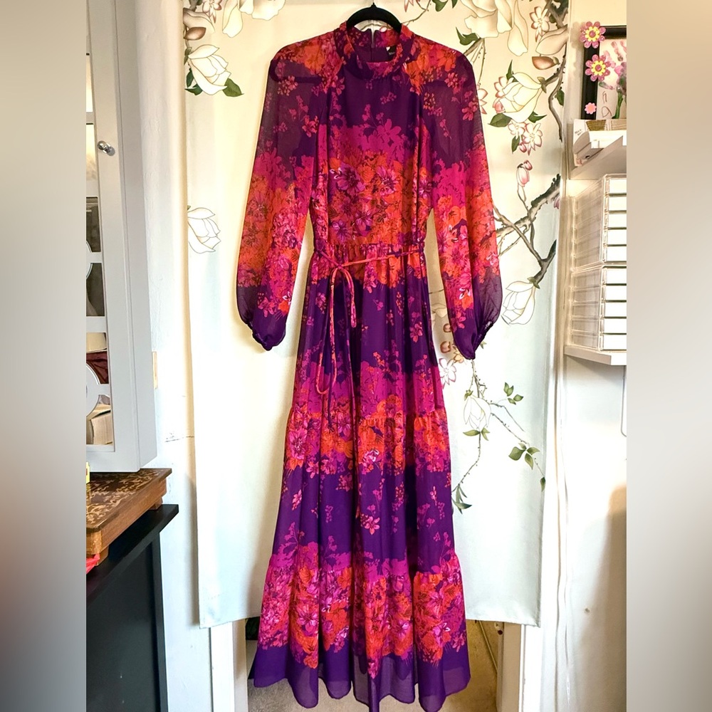 Maison Tara Purple and Orange Romantic Floral Boho Long Sleeve Maxi Dress